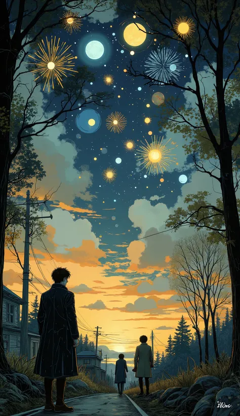 people stand in the foreground, silhouettes emerge against the backdrop of a vivid sky full of dazzling visual effects. , probably male , Wearing a long black coat, with a high level of realism. above and around them, the sky is painted dark blue, orang...