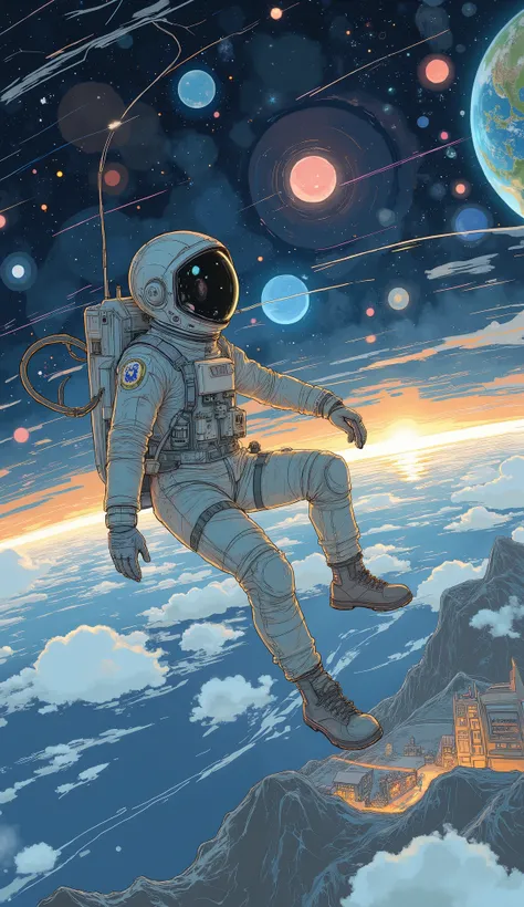 The young person in the spacesuit、floats gracefully in a vast space of deep blue and purple, gives the feeling of floating in outer space. The top of the、惑starの表面の素晴らしい景色が映し出されています, vivid orange and red streaks of light、A city in the distance against the b...