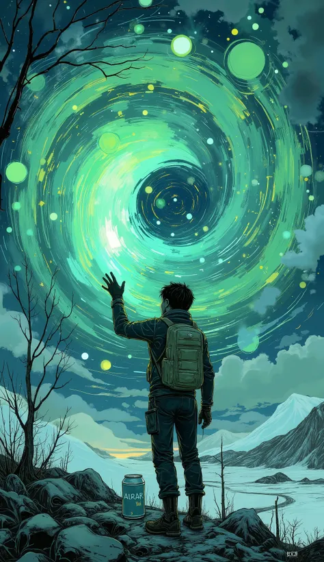 and, their silhouettes、suggests interaction or creation with phenomena like auroras {x} clearly drawn against a dynamic vortex of color enveloping the scene. the atmosphere is electric, bright green and blue hues dominate、this scene is surreal pulsating wi...