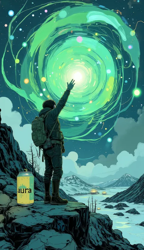 and, their silhouettes、suggests interaction or creation with phenomena like auroras {x} clearly drawn against a dynamic vortex of color enveloping the scene. the atmosphere is electric, bright green and blue hues dominate、this scene is surreal pulsating wi...