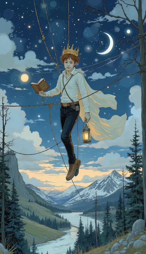 dreamy, A fantastic scene with a twilight sky in the background, The young person is deep and vast Crossing a rope gracefully. This number, probably , teeth、loose, A white shirt and black pants fluttering gently in the breeze in the sky. 頭の上にteeth金の王冠がある,...