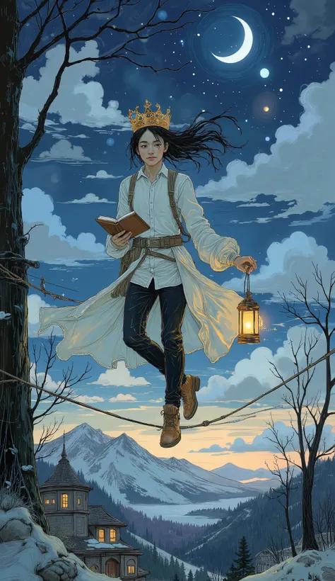 dreamy, A fantastic scene with a twilight sky in the background, The young person is deep and vast Crossing a rope gracefully. This number, probably , teeth、loose, A white shirt and black pants fluttering gently in the breeze in the sky. 頭の上にteeth金の王冠がある,...