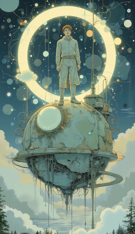 Illustration of a person standing on a sphere surrounded by a circle, By Cyril Rolando, inspired By Cyril Rolando, Cyril Roland's style , just a joke , BeepleとJeremiah Ketner, Cyril Rolland and Goro Fujita, Beeple and James Jean , Shinkai Makoto Cyril Rol...