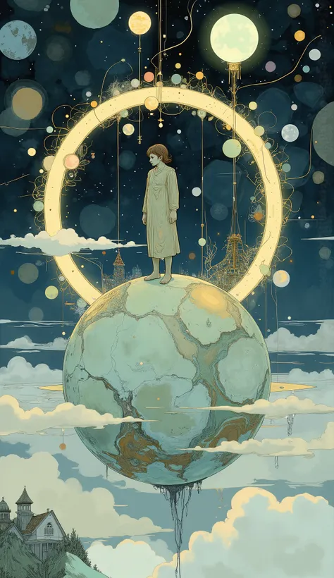 Illustration of a person standing on a sphere surrounded by a circle, By Cyril Rolando, inspired By Cyril Rolando, Cyril Roland's style , just a joke , BeepleとJeremiah Ketner, Cyril Rolland and Goro Fujita, Beeple and James Jean , Shinkai Makoto Cyril Rol...