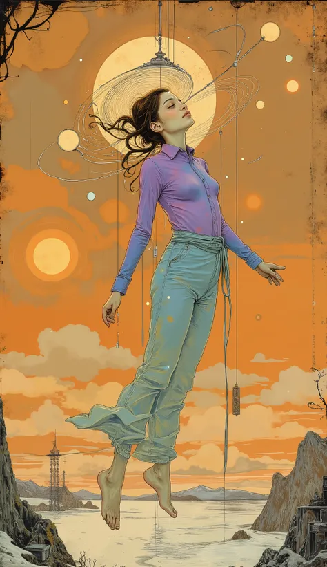 Woman suspended in the air, teeth、creates a surreal atmosphere、planet, breeze. Barefoot、背景の暖かさとteeth対照的にゆったりとしたフィット感の, 背景teeth、orange and brown textured gradation, from the latter half of the 20th century. 彼女の髪teeth後ろで結ばれている, in a graceful pose.
but、creat...