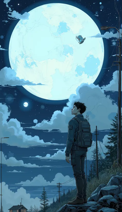 Arafe image of a man with a big moon in the sky, moon behind him , Shinkai Makoto Cyril Roland, Looking up at the moon, Gazing at the full moon, The moon thrown by a man, By Cyril Rolando, anime cover , Cell Phone Wallpaper, inspired By Cyril Rolando, ☁🌪...