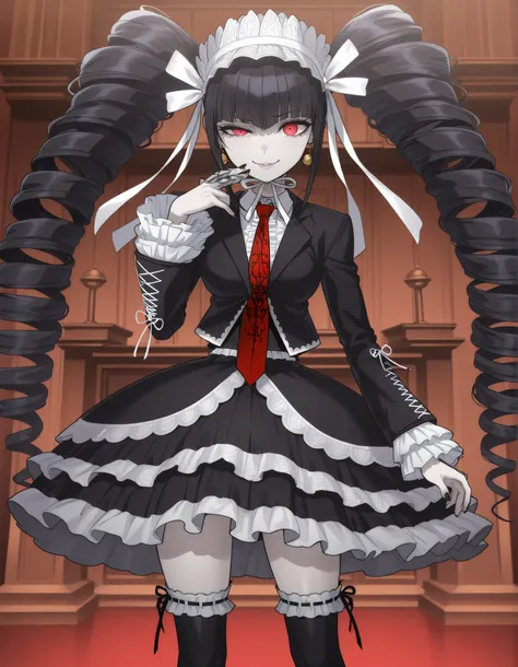 anime screencap, masterpiece, best quality, amazing quality, very aesthetic, absurdres, newest, celestia ludenberg, 1girl, solo, long hair, half-closed eye, evil smile, lips, bangs, white shirt, black hair, red eyes, long sleeves, twintails, standing, bell...
