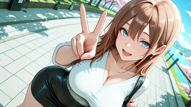 masterpiece, top quality, Amazing Quality, Very Aesthetic, Very High Resolution ,
1girl, solo,
[office lady, shirt, Skirts:9990], 
office lady, Tight clothing, taut shirt, V-neck, shirt, pencil Skirts,
gal v , :d, Lift the bag,  Standing Pose with Open Leg...