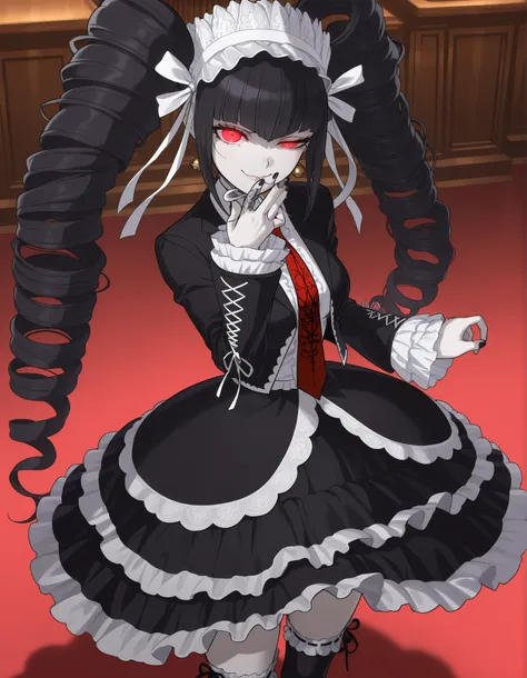 anime screencap, masterpiece, best quality, amazing quality, very aesthetic, absurdres, newest, celestia ludenberg, 1girl, solo, long hair, half-closed eye, evil smile, lips, bangs, white shirt, black hair, red eyes, long sleeves, twintails, standing, bell...