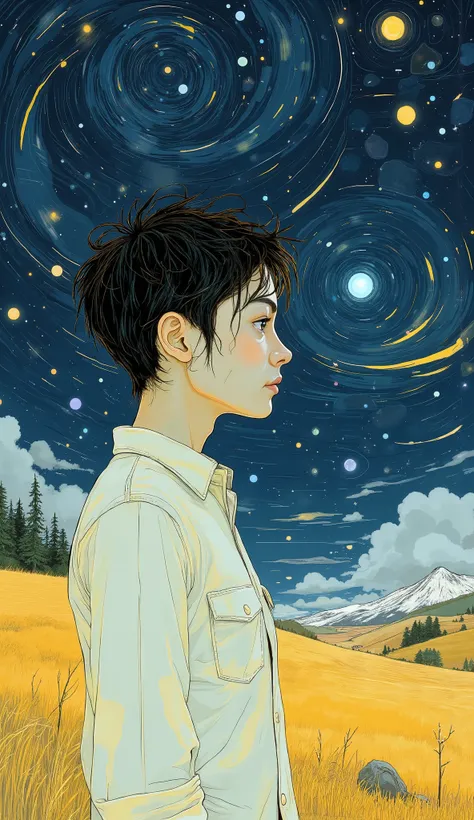 A young woman stands at the edge of the bright, The golden landscape , staring closely at the swirling stars, Night sky full of stars. Her profile is illuminated by soft light, The subdued brilliance of the stars, light。gentle light that illuminates her sh...