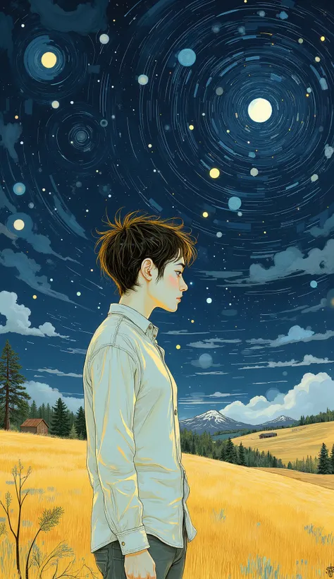 A young woman stands at the edge of the bright, The golden landscape , staring closely at the swirling stars, Night sky full of stars. Her profile is illuminated by soft light, The subdued brilliance of the stars, light。gentle light that illuminates her sh...