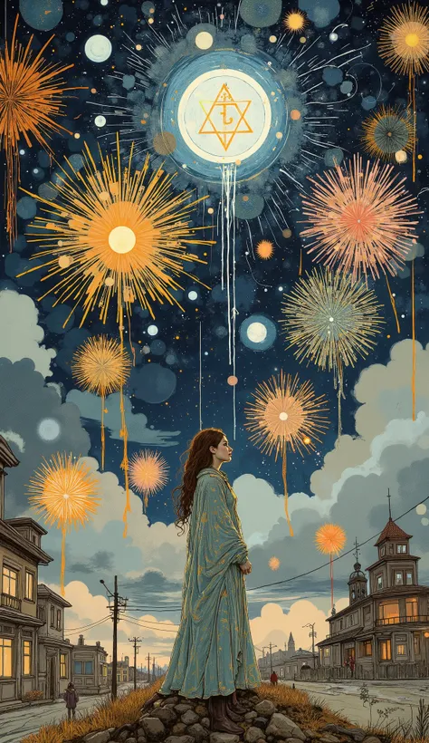 painting of a woman standing in front of fireworks, Bright explosion , Sparkling in the sky, Mason in the Major Arcana shines in the sky, in the realm of inner hyperspace, by Tomioka Tessai, Festival , inspired by Victor I, sparks in the sky, Prophetic Ar...