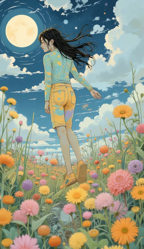 Blurry image of a person standing in a field of flowers, Shinkai Makoto Cyril Roland, Jan J, Gu Wei-zhi-style work, Cyril Roland Floating in Space, long shorts, colorful cartoon illustration , Anime Art Wallpaper 8K, various poses by guweiz, moon behind ...