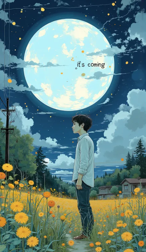 A person is standing in a bright yellow field of flowers illuminated by a huge full moon that fills the sky. The person is wearing a loose white shirt and black pants, casual, a peaceful moment. their bodies are facing slightly,、, showing their profile to...
