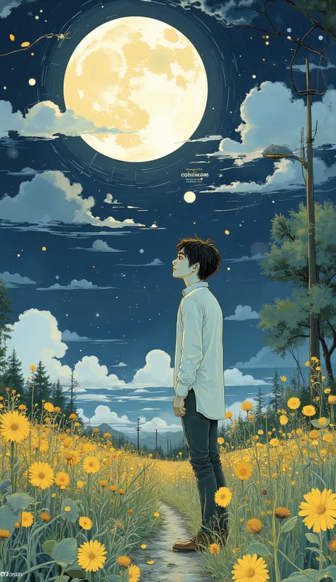 A person is standing in a bright yellow field of flowers illuminated by a huge full moon that fills the sky. The person is wearing a loose white shirt and black pants, casual, a peaceful moment. their bodies are facing slightly,、, showing their profile to...