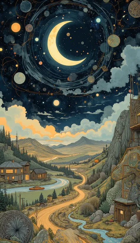 A picture of stardust on a planet with a star in the center, novel coronavirus dreamy painting, Refracted moonlight, Starry Sky in Space , Starry Sky Paintings , 散らばったtwinkling star々, Dream Sphere , Digital Art by , sky filled with stars and paisley pat...