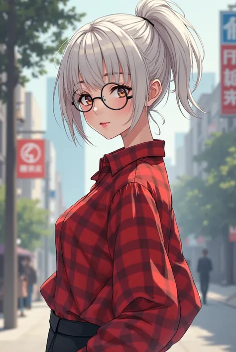 young anime girl,  modern, wearing discreet round glasses, tall hairstyle with white hair, wearing a red checkered shirt, turning a little in profile