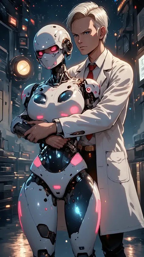break,(1old human, Occidental ,white hair,red necktie,Paranoid Doctor,wearing white labo coat,he love the female robot,Paranoid Doctor) ,break,(1female robot, Huged from behind,no human’s face, Face visor,pink color body, cyborg android, futuristic cyborg,...
