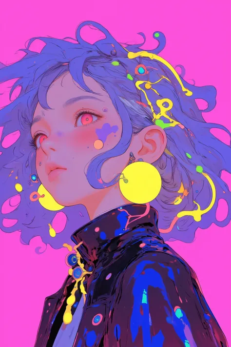 playful round earrings with futuristic motifs, eclectic and colorful aesthetics Stylized female character with,hairstyle with voluminous curls of swirling translucent blue and gray hair,bright neon yellow and green elements similar to electric wires and sn...