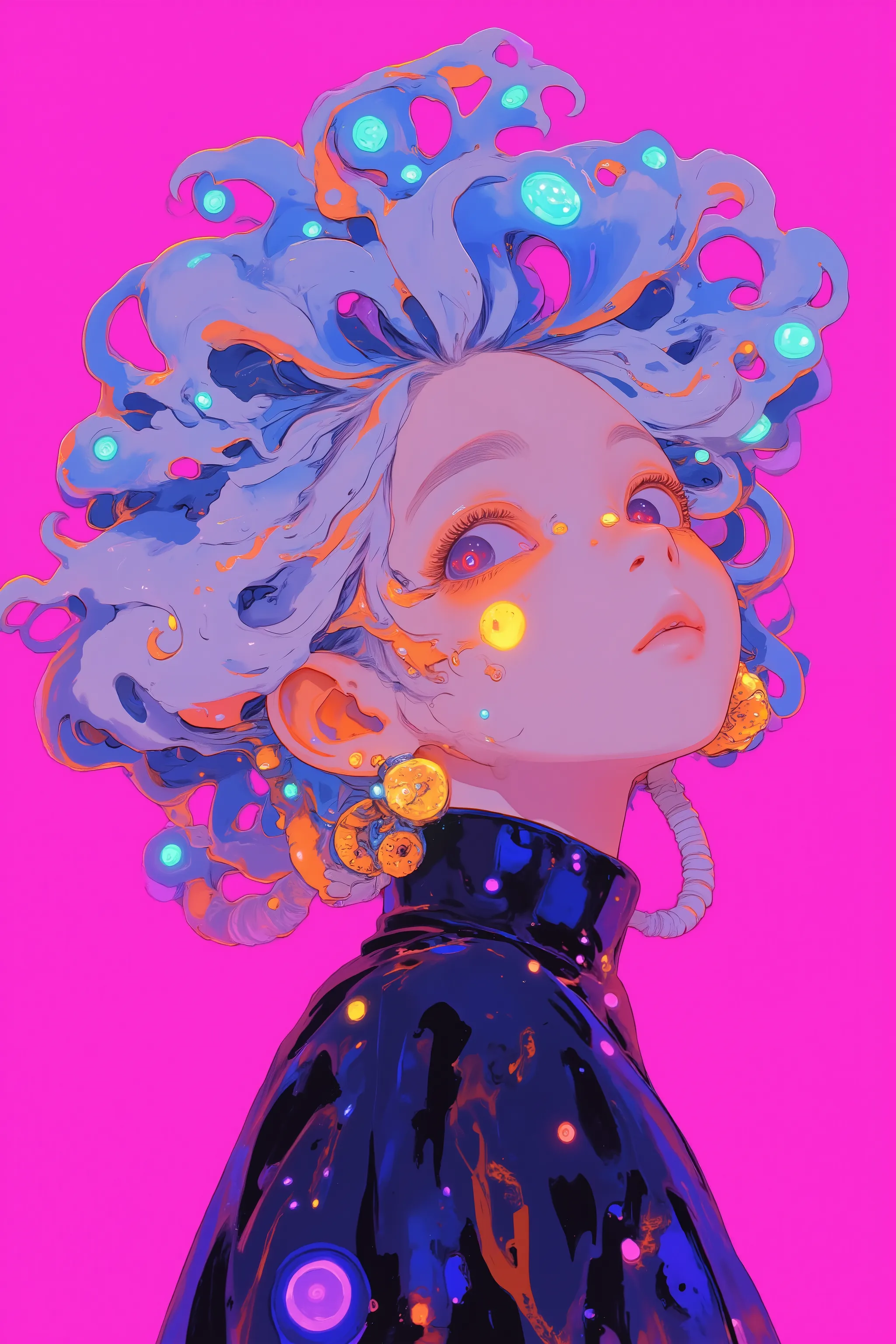 playful round earrings with futuristic motifs, eclectic and colorful aesthetics Stylized female character with,hairstyle with voluminous curls of swirling translucent blue and gray hair,bright neon yellow and green elements similar to electric wires and sn...