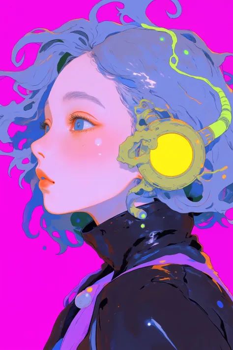 playful round earrings with futuristic motifs, eclectic and colorful aesthetics Stylized female character with,hairstyle with voluminous curls of swirling translucent blue and gray hair,bright neon yellow and green elements similar to electric wires and sn...