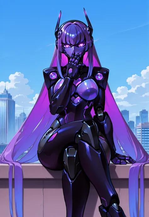Robot girl. Black and purple image colors. Mechanical face. Mechanical eyes. Purple lenses. Glowing eyes. Mechanical long hair. Fingers over mouth. Crossed legs. Heart. Cityscape. On top of a building. Blue sky.