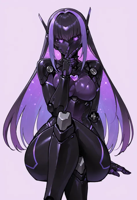 Robot girl. Black and purple image colors. Mechanical face. Robot eyes. Mechanical long hair. Fingers over mouth. Crossed legs. Heart.