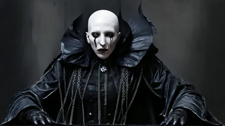 Marilyn Manson inspired, photography, trendy close up, strange dark background dead animals in Gothic castle, leather extreme and sinister fetish, straps and zippers, fetishist, sadomasochism, Extremely bizarre, until
