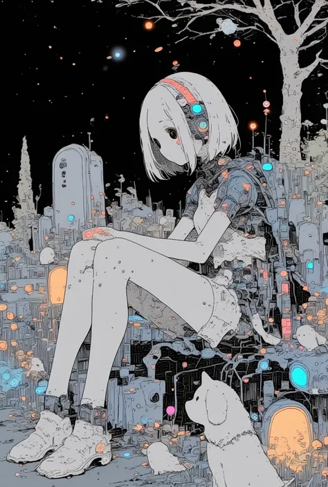 expressionless female mecha robot (Sitting holding her knees  , white bob. has fine hair flowing down the line of the face. Also, the blue LED light female headband) 
by bending my back slightly without strength, My chin is close to my knee, Human boyfriend dead . I'm surrounded by cute little flowers and plants,  and,  and . 
to make my legs look longer {x} , Beside her you can see her boyfriend's grave . It looks sad.
White and chrome-plated face and body . A hint of black tears is shed in one of her eyes. Only letters are written on the tomb headstone.
And blue LED lights , Birds comforting her shoulders and head . She is a pure and beautiful mecha robot , One black teardrop in one of her eyes  , Three very small  puppies that look like big dogs are walking around and playfully playing with each other.. 그녀의 주변을 날고 있는 아주 작은 반딧불들이 그녀를 위로하는 환상적인 장면 Director . Her mecha body is expressed in detail. On the dark background, you can feel the silhouette of a forest landscape in the distance. Her precise and detailed mechanical robot body. wears a thin red ring on her left finger like a star in the sky {x}.  cartoon illustration . A, flying bug that emits many tiny lights, Fantastic Lighting Effects.
And a big dog that is attached to her and comforting her . Her boyfriend's body is invisible, covered with grass like a small hill.
depressed  , 2d cartoon illustration  스타일, cinematic composition. Director .