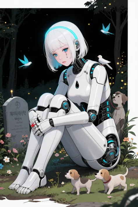 expressionless female mecha robot (Sitting holding her knees  , white bob. has fine hair flowing down the line of the face. Also, the blue LED light female headband) 
by bending my back slightly without strength, My chin is close to my knee, Human boyfriend dead . I'm surrounded by cute little flowers and plants,  and,  and . 
to make my legs look longer {x} , Beside her you can see her boyfriend's grave . It looks sad.
White and chrome-plated face and body . A hint of black tears is shed in one of her eyes. Only letters are written on the tomb headstone.
And blue LED lights , Birds comforting her shoulders and head . She is a pure and beautiful mecha robot , One black teardrop in one of her eyes  , Three very small  puppies that look like big dogs are walking around and playfully playing with each other.. 그녀의 주변을 날고 있는 아주 작은 반딧불들이 그녀를 위로하는 환상적인 장면 Director . Her mecha body is expressed in detail. On the dark background, you can feel the silhouette of a forest landscape in the distance. Her precise and detailed mechanical robot body. wears a thin red ring on her left finger like a star in the sky {x}.  cartoon illustration . A, flying bug that emits many tiny lights, Fantastic Lighting Effects.
And a big dog that is attached to her and comforting her . Her boyfriend's body is invisible, covered with grass like a small hill.
depressed  , 2d cartoon illustration  스타일, cinematic composition. Director .