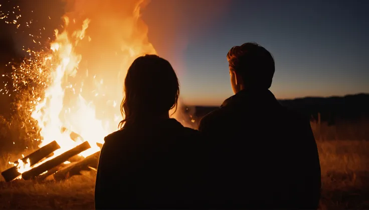 cinematic film still of  
Juxtaposition of a person from behind standing in front of a fire with sparks,1girl,1boy,standing,outdoors,sky,night,scenery,sunset,silhouette,dark Juxtaposition,artistic,photography,dramatic light,dramatic shadow light,contrast,s...