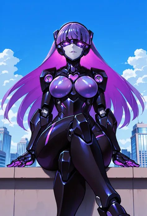 Robot girl. Black and purple image colors. Mechanical face. Mechanical eyes. Purple lenses. Glowing eyes. Mechanical long hair. Wave hand. Crossed legs. Heart. Cityscape. On top of a building. Blue sky.