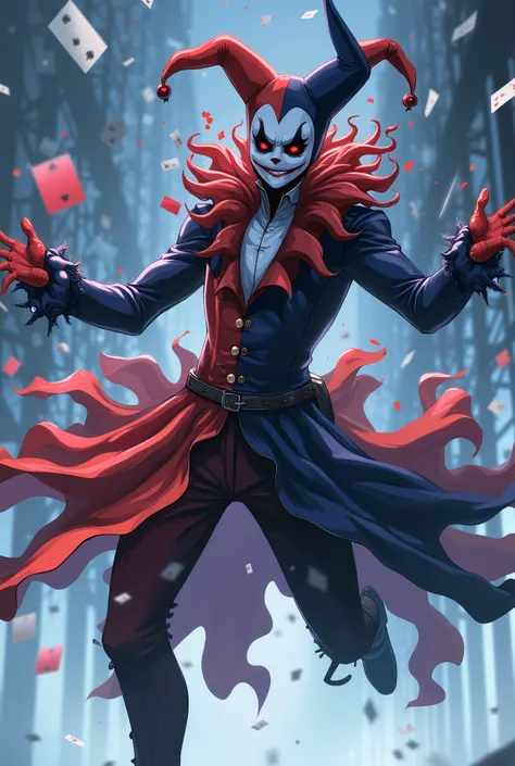 Anime style, A floating, twisted jester-like figure with torn harlequin robes, a half-smiling, half-screaming porcelain mask, Its body constantly shifts: ribbons of void, reflections of enemies, card-shaped fragments of time.