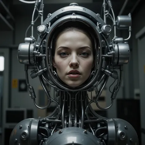 Masterpiece photo, photorealistic portrait of a strange electromechanical pain torture machine, detailed female head inside, horrific expression, twisted metal frame, ominous mechanical components, high-tech medical devices, gears and pistons, futuristic s...