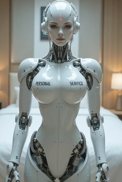 Masterpiece android photo, photorealistic view of a slim (((fullbreasted))) mechanical sexmaid in modern fashion aesthetics with smooth tactile white plastic skin with printed words reading: PERSONAL SERVICE, complex mechanical parts and circiut boards vis...
