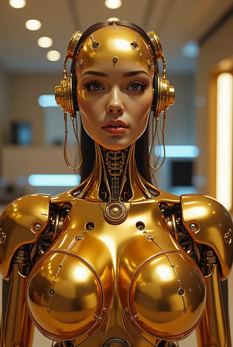 A stunning photorealistic portrait of a futuristic robotic female fullbreasted figure with a highly reflective, golden surface that captures light dramatically. The robot's sculpted facial features include large, expressive eyes with intricate designs arou...