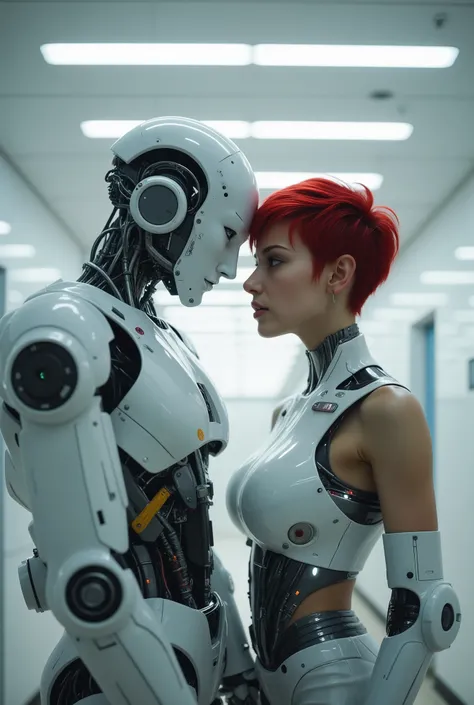 Masterpiece photo of a futuristic scene set in a sleek, minimalistic corridor characterized by soft, diffused lighting emanating from horizontal window slats. The composition features a humanoid robot and a cybernetic woman positioned close together, conve...