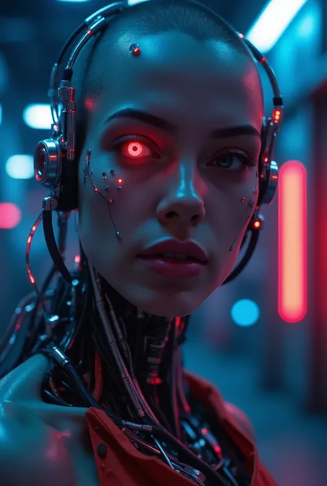 A close-up portrait of a futuristic, cybernetic robotic character with striking features. The character has piercing red eyes that stand out against a sleek, metallic face adorned with intricate technology. ((((She has long glowing fibre optic cables on he...