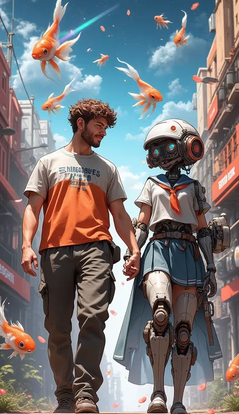 surreal photorealistic scene, a human man in casual clothes walking hand-in-hand with a humanoid robot girl in a sailor school uniform, her face cute and expressive with glowing anime-style eyes, her body bulky and mechanical with exposed pistons and steel...