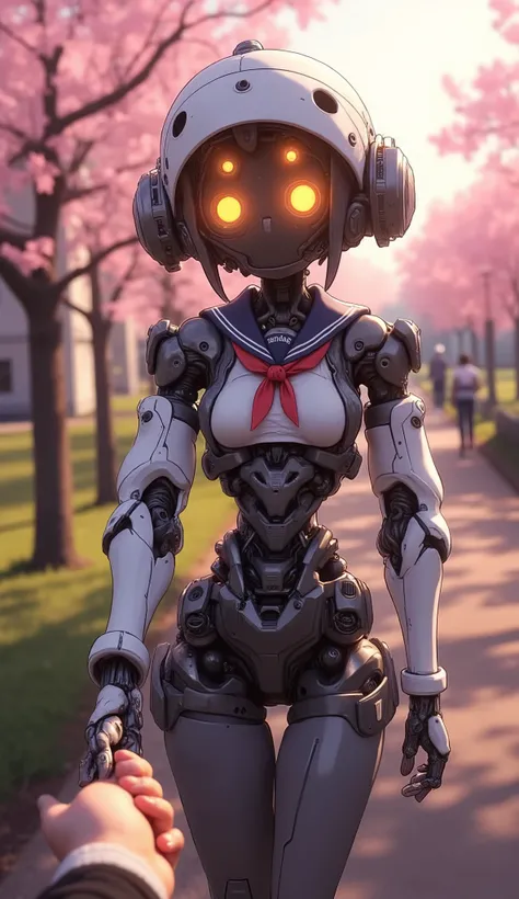 POV shot, photorealistic anime-style android girl walking hand-in-hand with the viewer, her face is cute and expressive with glowing anime-style eyes and synthetic skin, faint blush on her cheeks, wearing a Japanese schoolgirl sailor uniform, her body from...