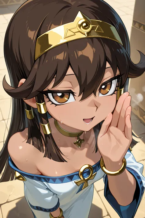 masterpiece, High quality, Ultra detailed, 2d, newest, absurdres, highres, BREAK
1girl, solo, egyptian,  sera_(yu-gi-oh!), long hair, brown hair, sidelocks, hairband, hair tubes, jewelry, hair between eyes, brown eyes, choker,
small breasts, seradef, off-s...