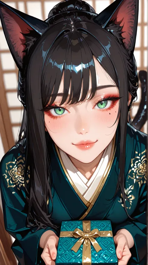 A full-length portrait of a graceful anime catwoman with clear, flawless skin, smooth black hair falling over her shoulders, and stunning green eyes , wearing a modern and elegant kimono with gold embroidery and a cat's tail appearing from behind, leaning...