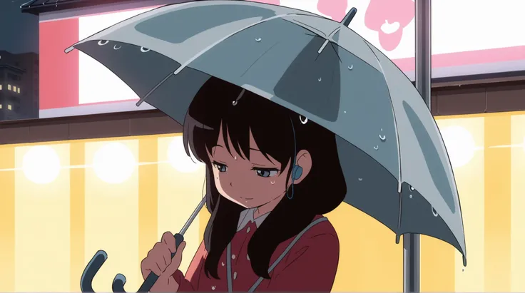 a girl waiting at a rainy bus stop at night, holding a transparent umbrella, reflections of city lights on the wet ground, wearing earphones, calm expression, anime illustration, lofi mood, soft glow lighting
