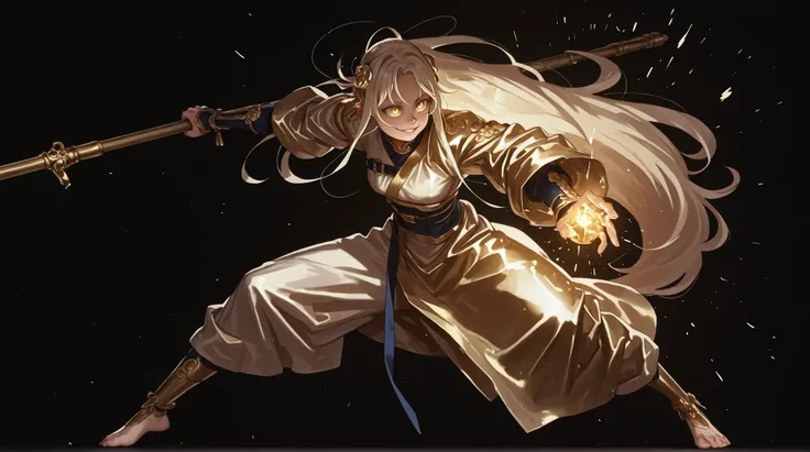 A young male character who is short, about 1.5 meters tall. He stands alone against a black background to make the character stand out. He has a physical build and height equivalent to Killua Zoldyck from Hunter x Hunter. He has long blond hair with the sa...