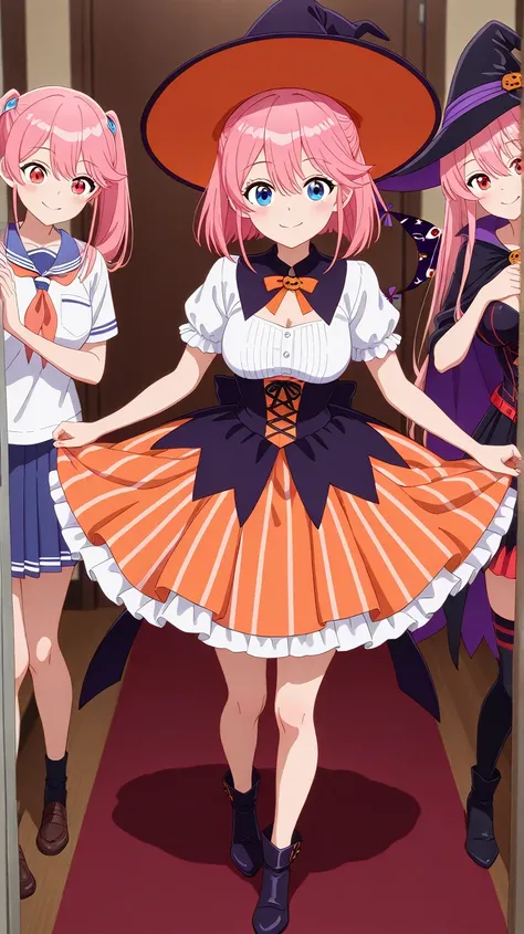 A girl,(The Shiunji family ren),ouka shiunji,long pink hair with two tails,hair between her eyes,blue eyes,medium breasts, pretty, smile,obra maestra, Tops, high resolution, obra maestra, Tops, The newest, full body, shot of a cowboy,,white shirts, (Detailed Halloween costumes with ruffles,witch hat:1.3), short sleeve, witch hat negro con cinta naranja , Vestido de encaje negro con lazo naranja en el cuello - botas negras con medias de encaje blanco  smile, gap-mouthed orgy, cerca del espectador, full body, short hair, Red Eyes, looking at the spectator, in front,  with a soft smile . Ilustración en high resolution, unity 8k, beautiful and detailed eyes:1.6, extremely detailed face wallpaper, perfect lighting, extremely detailed CG, perfect hands, perfect anatomy, vibrant colors:1.3, anime-style:0.8