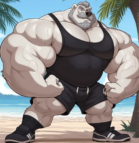 huge swole muscular polar bear in muscle beach, big Lou Ferrigno flex-like, grunts, polar bear, huge white fur, thick arm, huge arm, thick neck, added thick mustache with beard, Short gray hair, (veiny swole muscular, veiny swole pectoral, wide pectoral, t...