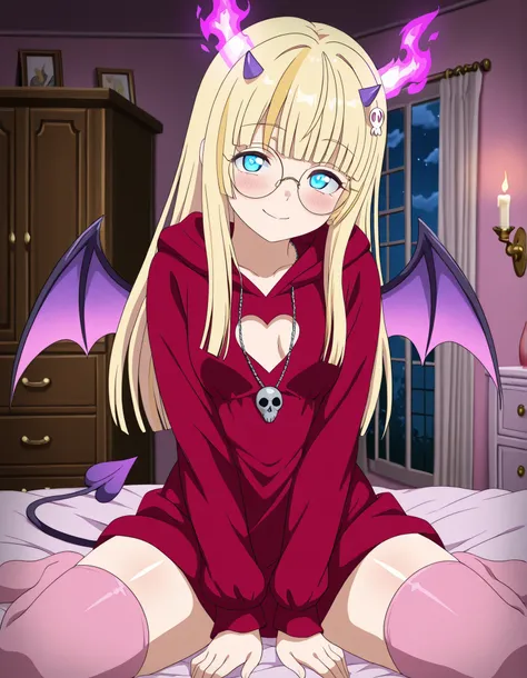 masterpiece, best quality, 1girl, (small horns, purple horns, fiery horns, demon wings, demon tail) , small breasts, curvy body, upper body, ,(from the front), blush, seductive smile,  closed mouth, looking at viewer, skull necklace, (blue eyes, tareme eye...