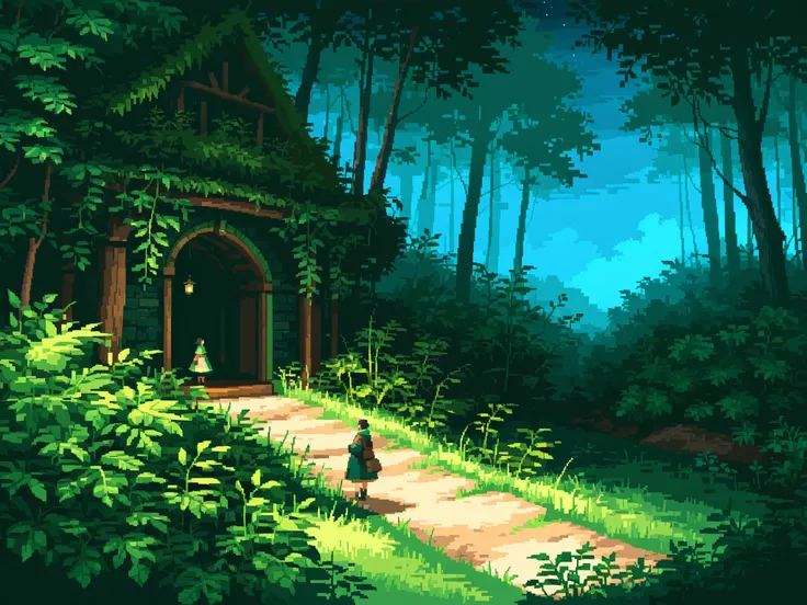 wide shot, Mythical Land, traveler, (greenery:1.6), fantasy world, night, pixel art