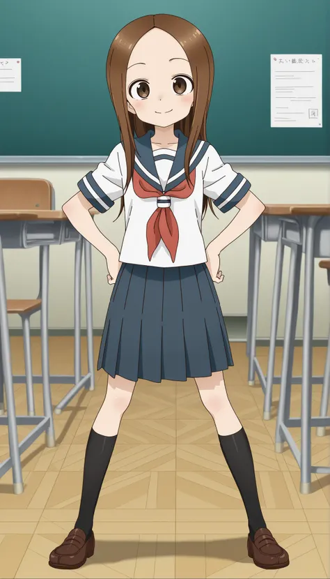 anime screencap, score_9, score_8_up, score_7_up, source_anime,BREAK,(nsfw:1.2),takagi-san, 1girl, solo, long hair,BREAK, school uniform, white serafuku, blue sailor collar, red neckerchief, short sleeves, blue pleated skirt,black kneehighs, Brown Loafers,...