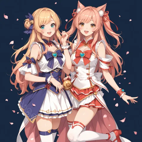 two anime girls in costumes are posing for a picture, two beautiful anime girls, anime in fantasy style, anime princess, in ryuuou no oshigoto art style, happy!!!, style of magical girl, portrait of magical girl, in the art style of 80 s anime, coloured li...